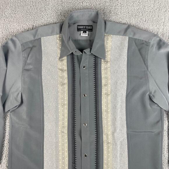 Husky Club Men's XL Gray Patterned Polyester Rayon Long Sleeve Button Up Shirt - Picture 2 of 16